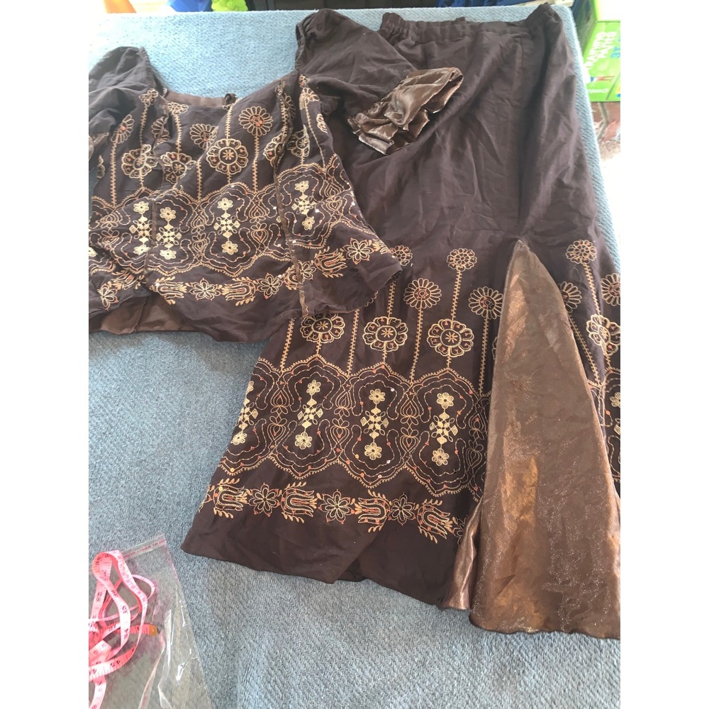 Brown Gold Embroidered Sequin 2 Piece Skirt Set Puffy Sleeve Boho Maxi Ensemble